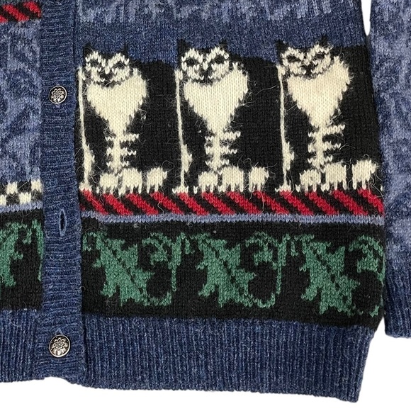Vintage 90s Susan Bristol Pure Wool Cat Cardigan Sweater Medium - Picture 6 of 13